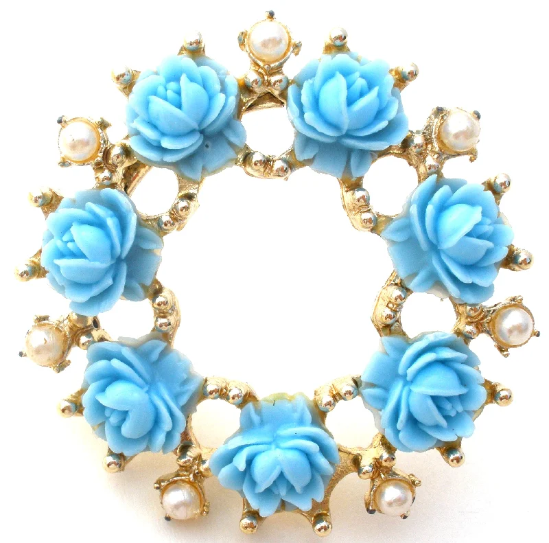 Ladies anniversary sparkle brooches -Blue Rose & Pearl Wreath Brooch Pin Vintage