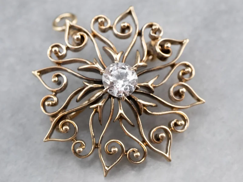 Ladies rainbow burst brooches -Antique White Sapphire Gold Filigree Brooch Pendant