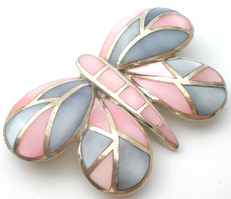 Ladies dragon flare brooches -Pink & Blue Mother Of Pearl Butterfly Brooch Sterling Silver