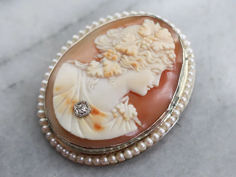 Ladies light touch brooches -Vintage Goddess Cameo Diamond Pearl Brooch Pendant