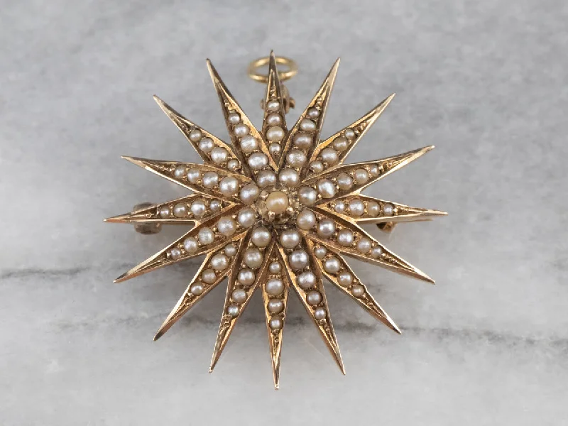 Ladies engraved sentiment brooches -Victorian Seed Pearl Starburst Brooch Pendant