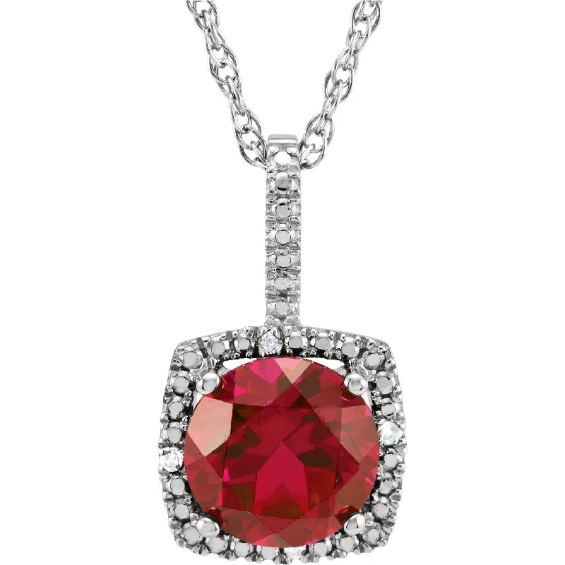 Ladies cosmic charm necklaces -STERLING SILVER 1.60CT CREATED RUBY AND .015 CTW DIAMOND NECKLACE