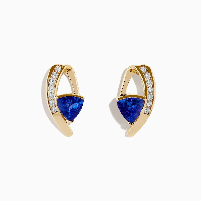 Ladies Earrings with White Colemanite-14K Yellow Gold Tanzanite and Diamond Drop Earrings