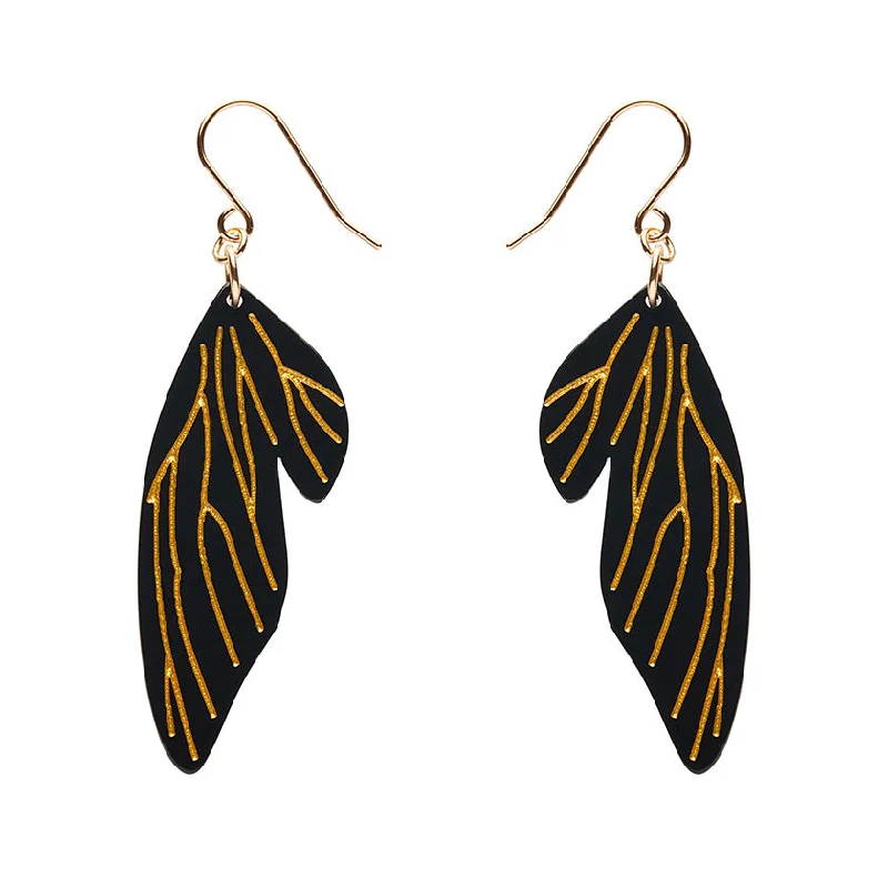 Ladies Earrings Unique Glow-Erstwilder - Fairy Wing Drop Essential Earrings - Black