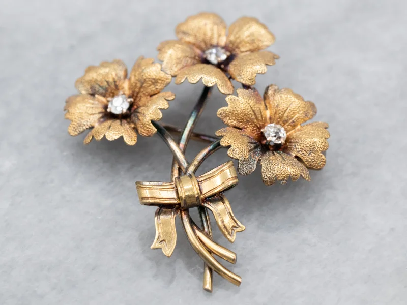 Ladies textured leather brooches -Antique Diamond Flower Bouquet Brooch