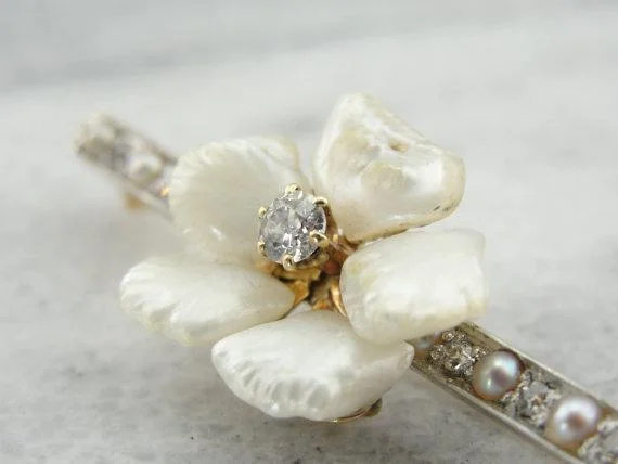 Ladies smooth ceramic brooches -Diamond and Pearl Blossom Brooch