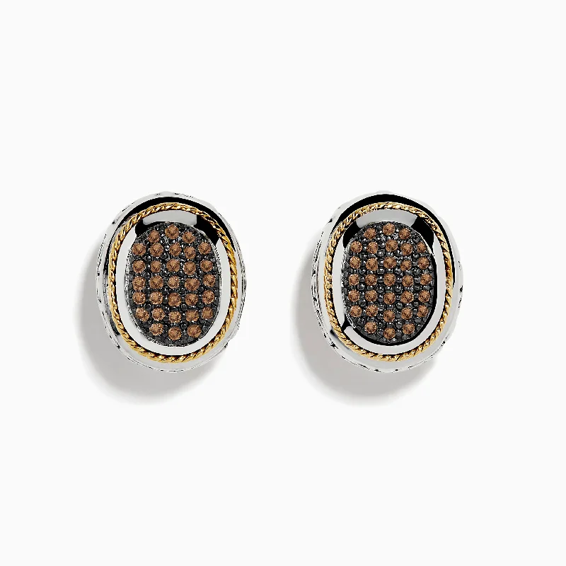 Ladies Earrings for Leader Shine-Espresso 925 Sterling Silver and 18K Yellow Gold Espresso Diamond Earrings