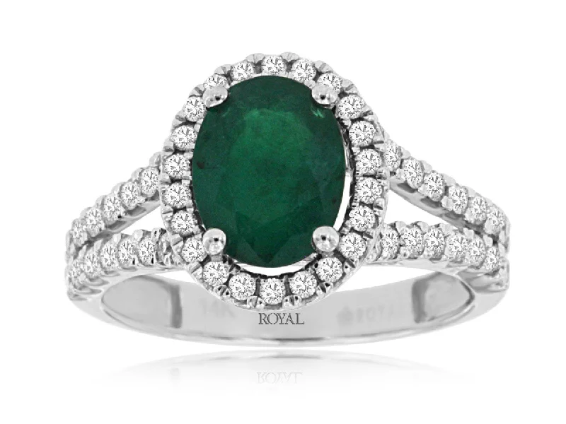 Ladies Rings for Festive Shine-14K White Gold Oval Emerald and Diamond Halo Ring