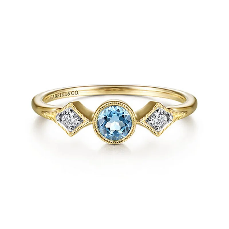 Ladies Rings for Engineer Shine-Gabriel & Co 14K Yellow Gold Round Blue Topaz and Diamond Three Stone Ring