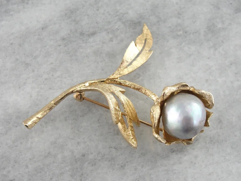 Ladies petal glow brooches -Bold Gold & Vintage Baroque Pearl Floral Brooch, Large Mid Century Statement Brooch