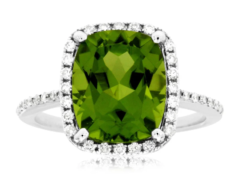 Ladies Rings with Hex Shine-14K White Gold Cushion Cut Peridot Diamond Halo Ring