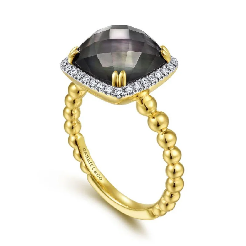 Ladies Rings for Kin Shine-Gabriel & Co. - LR51770Y45XB - 14K Yellow Gold Cushion Cut Rock Crystal/Black Pearl and Diamond Halo Ring