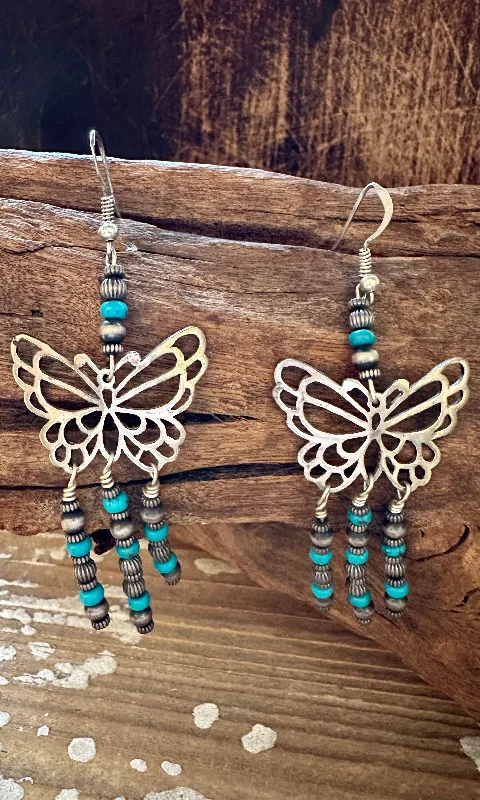 Ladies Earrings for Hero Spark-TURQUOISE BEADED BUTTERFLIES Sterling Silver Dangle Earrings