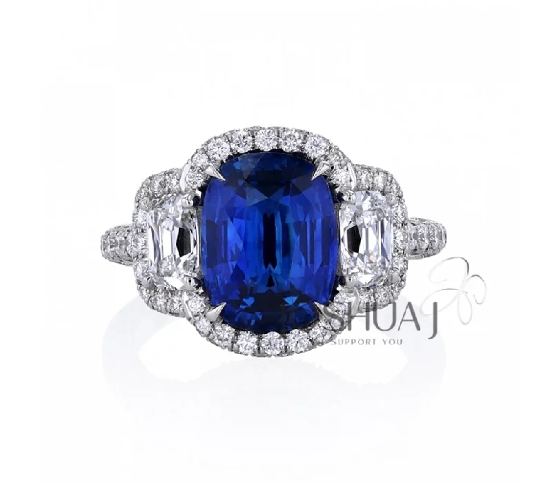 Ladies Rings with Lotus Spark-Platinum 4.03ct Sapphire and Pave Diamond Three Stone Ring