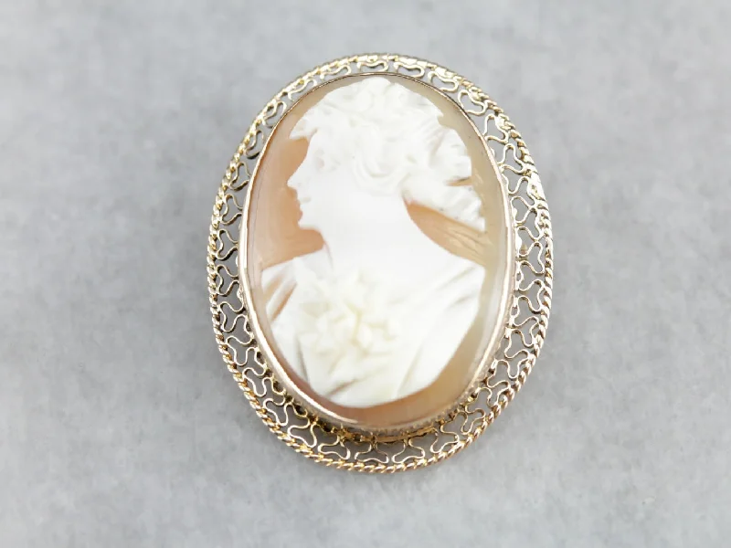 Ladies loving glow brooches -Vintage Cameo Gold Filigree Brooch