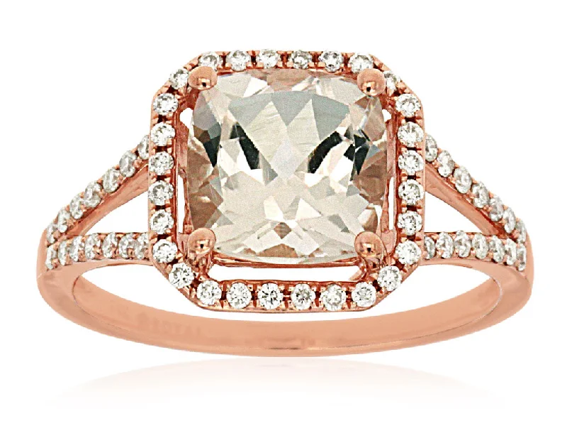 Ladies Rings Thin Shine-14k Rose Gold Morganite and Diamond Halo Ring pc6137m