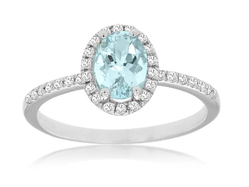 Ladies Rings Retro Glow-14K White Gold Oval Aquamarine and Diamond Halo Ring