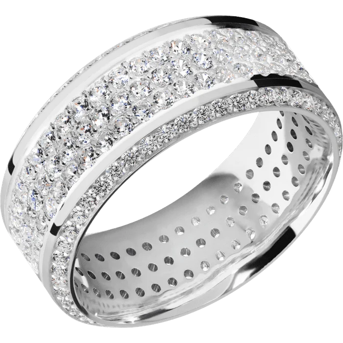 Ladies Rings Trendy Spark-9mm wide High Bevel 14k White Gold Ring with Polish Finish / Bevel Eternity Round .01 carat Lab Grown Diamond Bead-Set Gemstones / 3 Row Eternity Round .015 carat Lab Grown Diamond Bead Channel-Set Gemstones