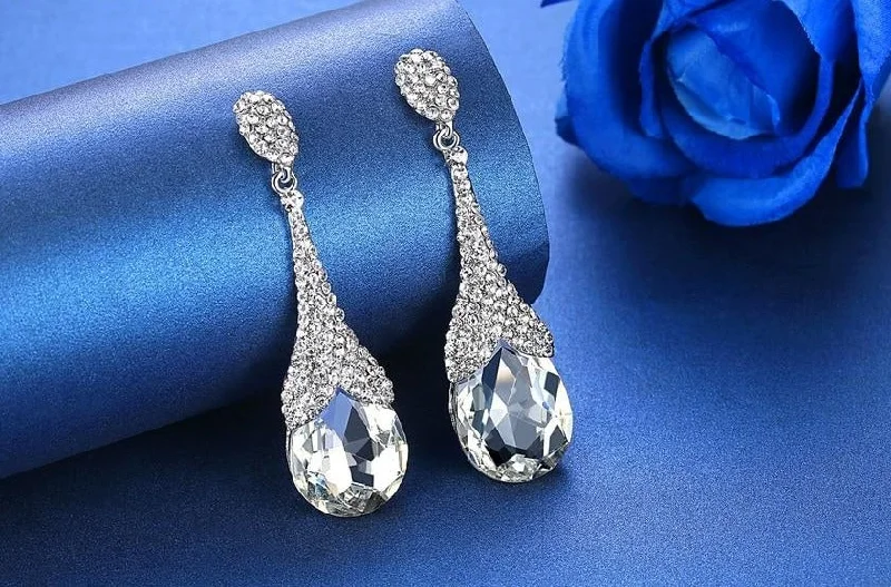 Ladies Earrings with Crescent Shine-MEC-014 Crystal Pearls Long Drop Earrings Bridal Wedding Jewelry