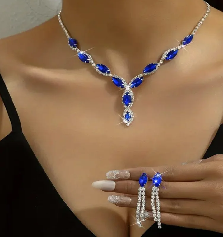 Ladies Earrings Luxe Spark-3pcs SILVER Blue Jewelry Set l Rhinestone Earrings l Necklace l Bracelet l Prom l Wedding  JS-924