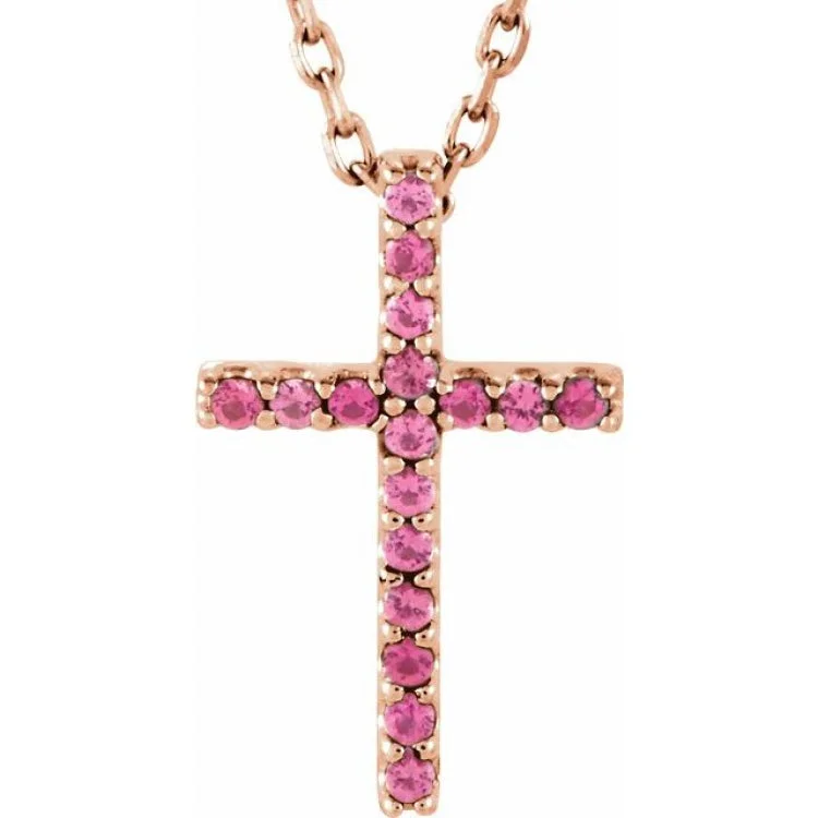 Ladies twisted knot necklaces -14K Rose Natural Pink Tourmaline Petite Cross 16" Necklace