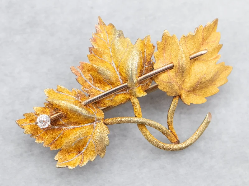 Ladies classic vintage brooches -Antique Old Mine Cut Diamond Three Leaf Brooch