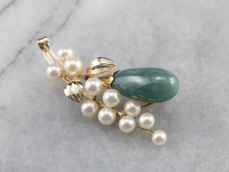 Ladies tiny sparkle brooches -Botanical Jadeite Pearl Gold Brooch