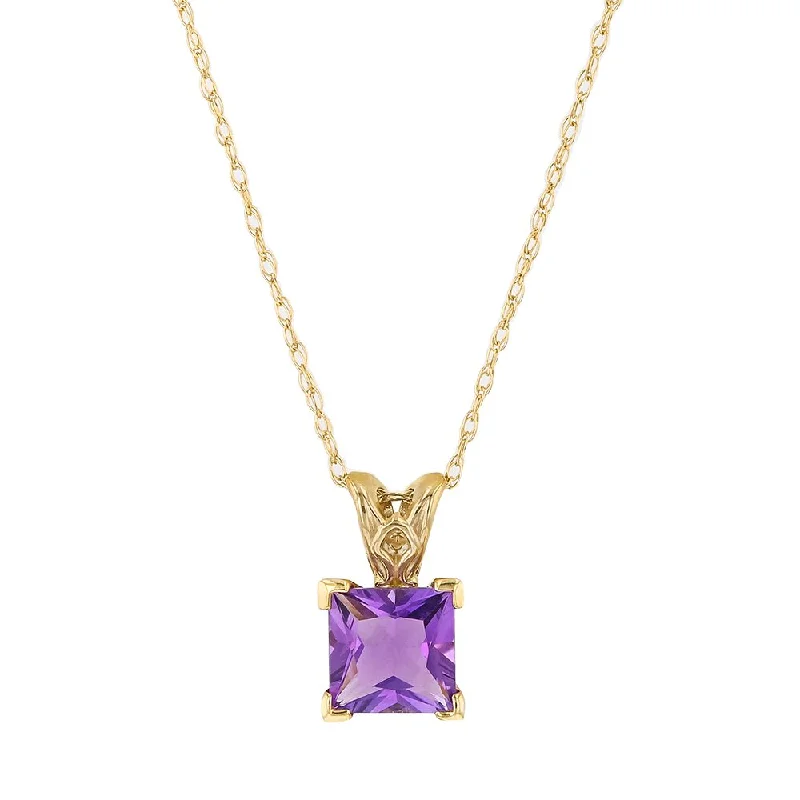 Ladies spring petal necklaces -14KT YELLOW GOLD PRINCESS CUT AMETHYST NECKLACE