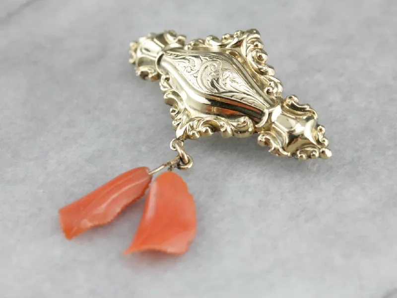 Ladies adjustable pin brooches -Ornate Victorian Coral Gold Brooch