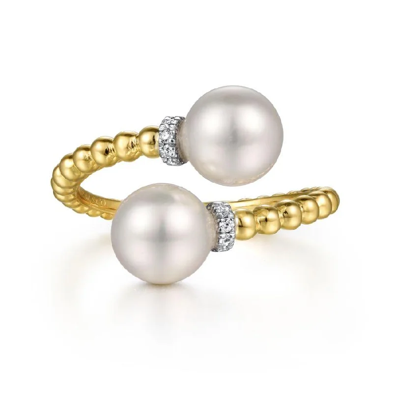 Ladies Rings with Globe Spark-Gabriel & Co. - LR52200M45PL - 14K White-Yellow Gold Diamond and Pearl Bujukan Bypass Ring