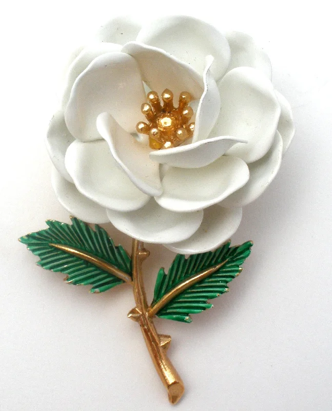 Ladies painted flair brooches -Crown Trifari White Enamel Flower Brooch Pin