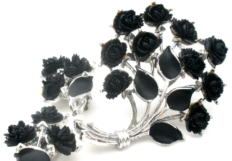 Ladies dazzling shimmer brooches -Black Thermoset Rose Brooch & Earrings Set J.J. Vintage