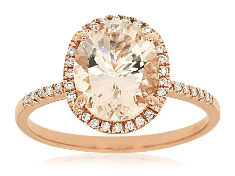 Ladies Rings for Love Glow-14K Rose Gold Oval Morganite Diamond Halo Ring