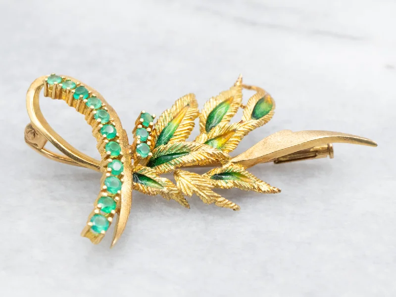 Ladies astral gleam brooches -Brushed Gold Green Onyx and Enamel Brooch