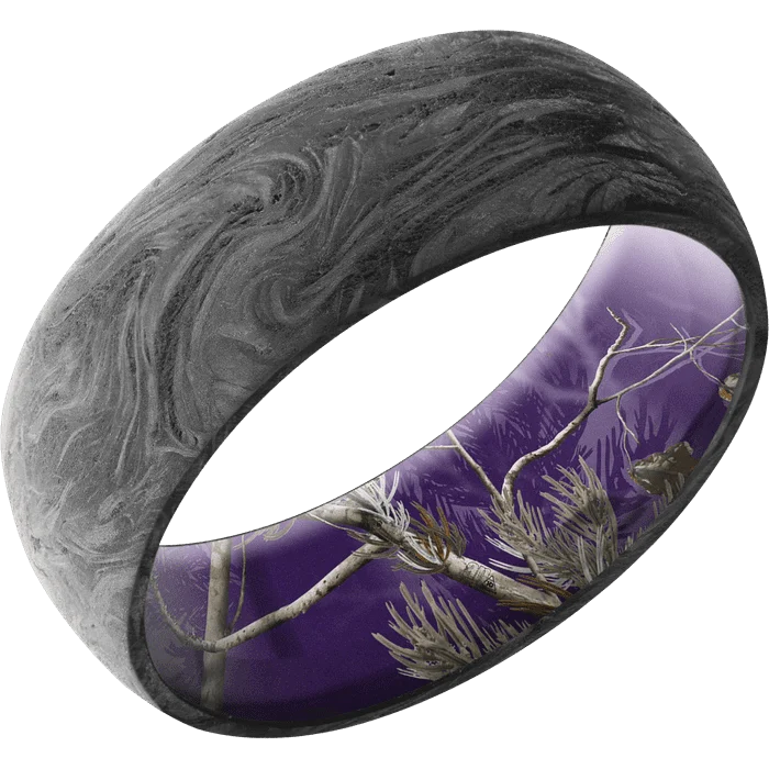 Ladies Rings for Summer Glow-8mm wide Domed Forged Carbon Fiber Ring / RealTree APC Purple Camo Sleeve