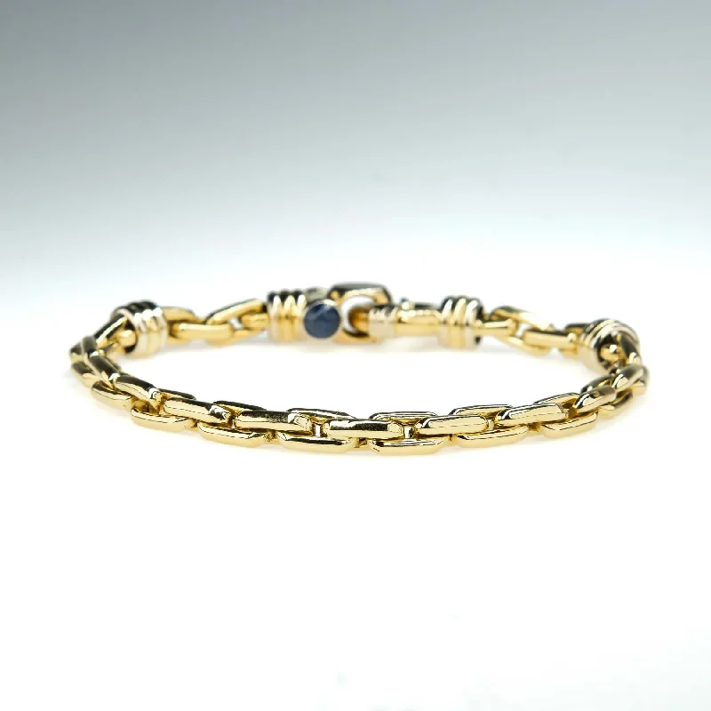 Ladies coastal tide bracelets -Chunky Elongated Cable Link Bracelet with Sapphire Accents in 18K Yellow Gold