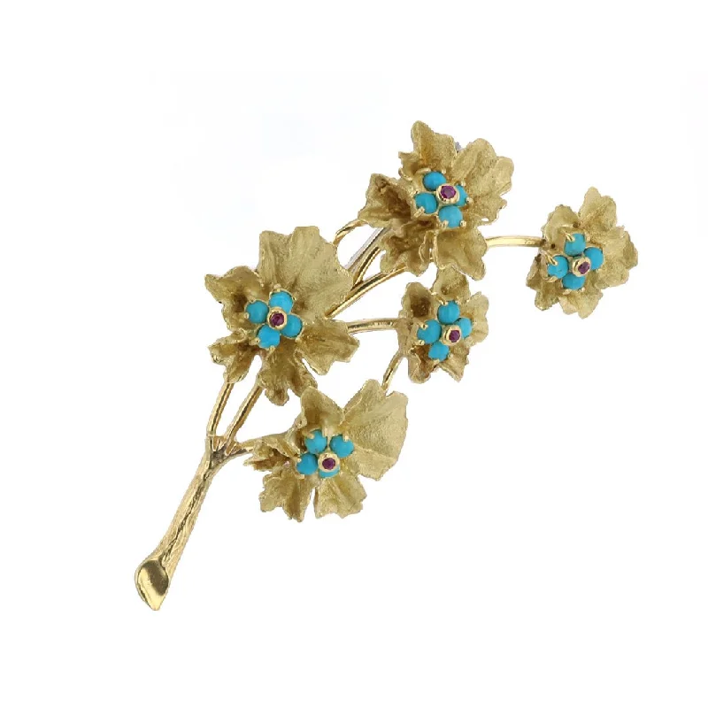 Ladies high sheen brooches -Turquoise & Ruby Flower Brooch