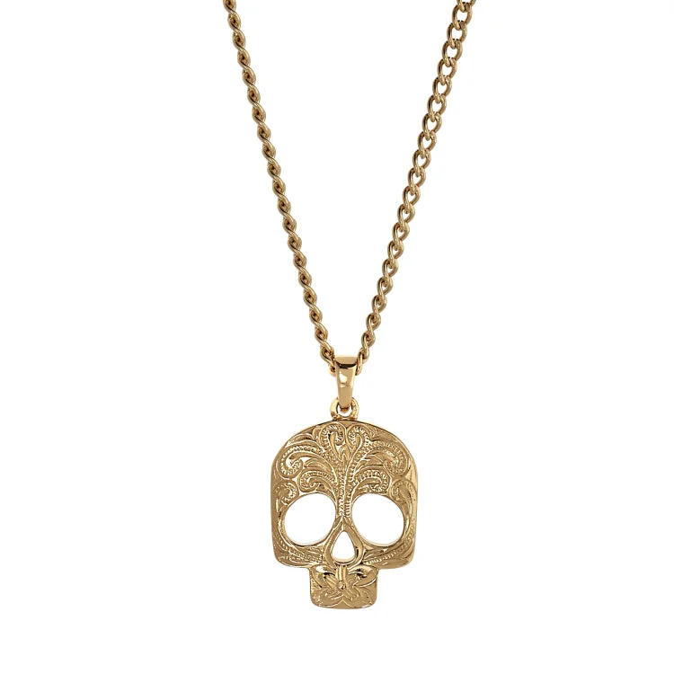 Ladies healing charm necklaces -Gold IP Finish Stainless Steel Skull Necklace on 20" Curb Chain