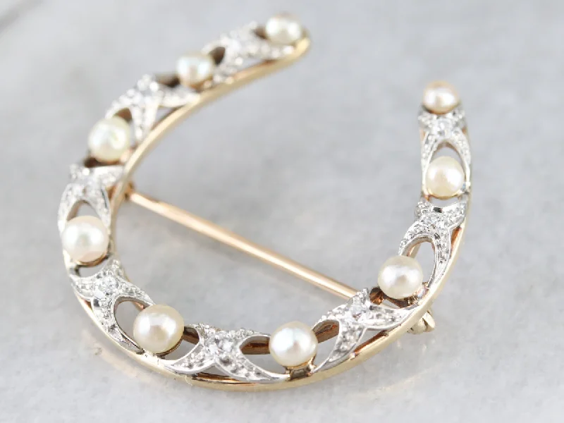 Ladies loving sentiment brooches -Old Mine Cut Diamond and Pearl Horseshoe Brooch