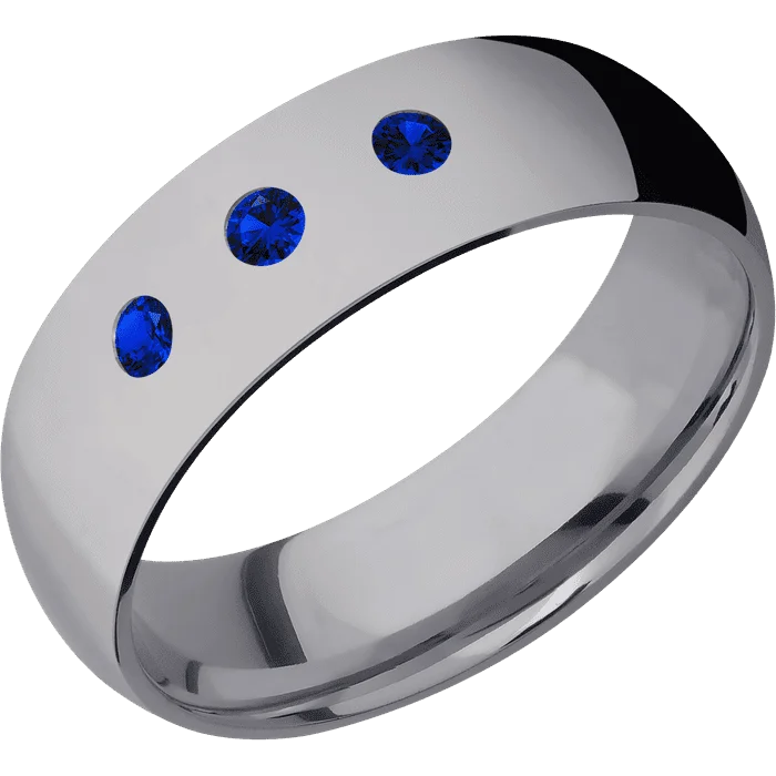 Ladies Rings for Science Glow-7mm wide Domed Tantalum Ring with Polish Finish / 3 Round .07 carat Sapphire Flush-Set Gemstones