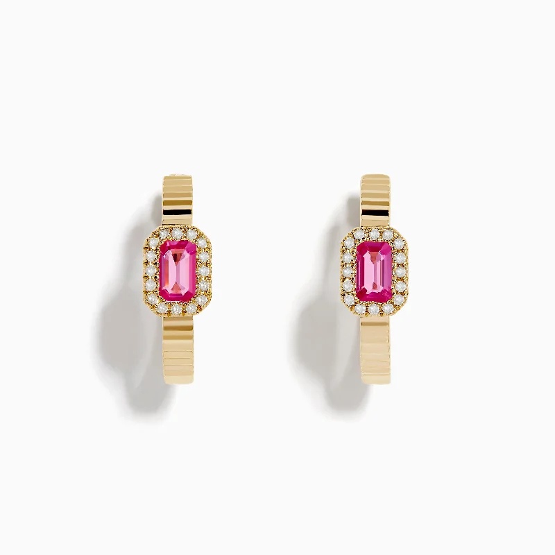 Ladies Earrings with Leaf Glow-14K Yellow Gold Pink Sapphire and Diamond Hoop Earrings