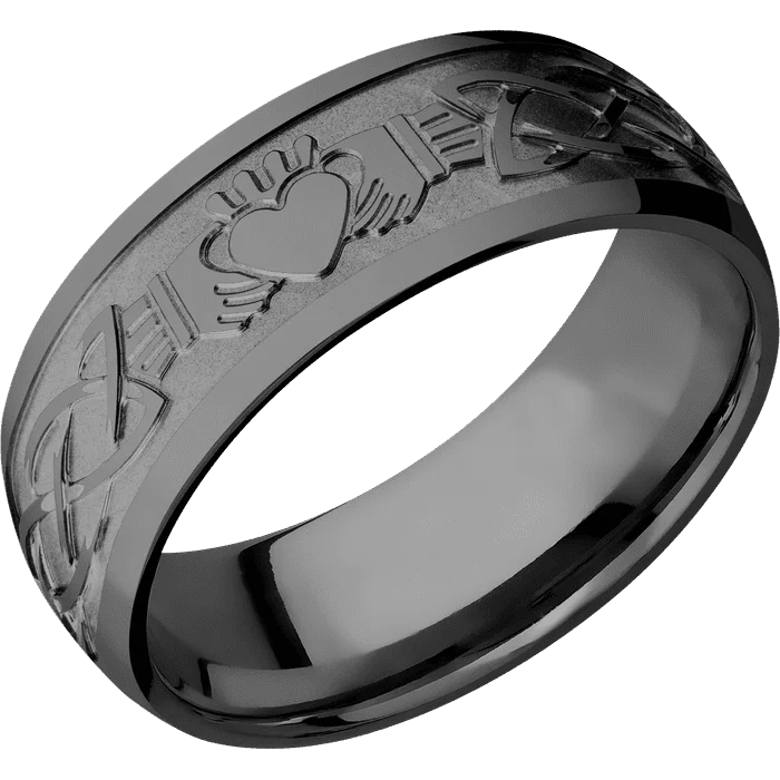 Ladies Rings with Pure Danburite-8mm wide Domed Black Titanium Ring with Polish Finish / Claddagh Celtic Design