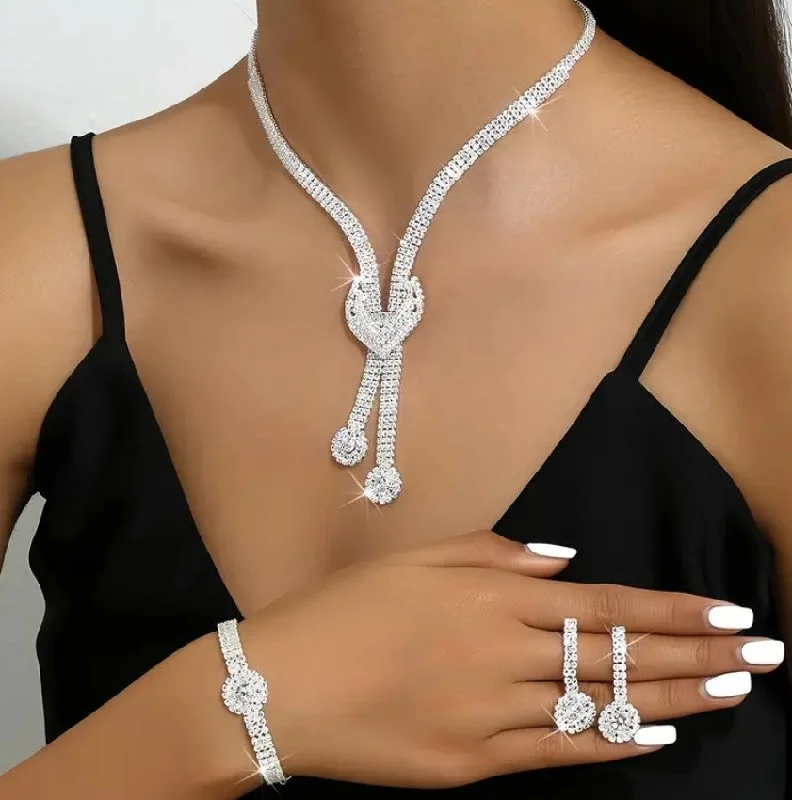 Ladies Earrings for Gala Shine-3pcs SILVER Jewelry Set l Rhinestone Earrings l Necklace l Bracelet l Prom l Wedding  JS-918