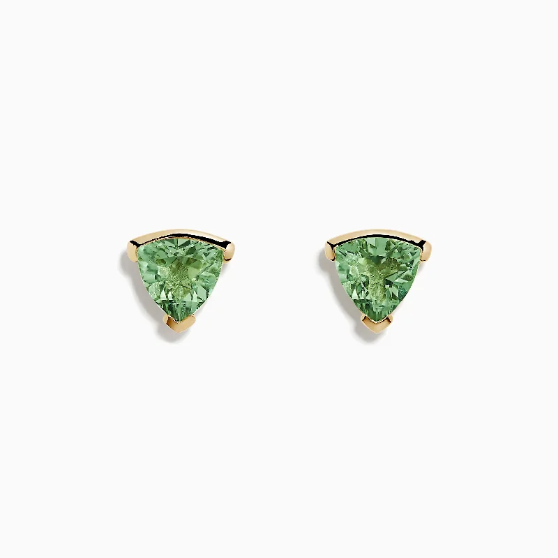 Ladies Earrings with Lock Shine-14K Yellow Gold Green Amethyst Stud Earrings