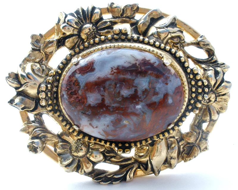 Ladies modern edge brooches -Vintage Brown Moss Agate Gold Brooch Pin