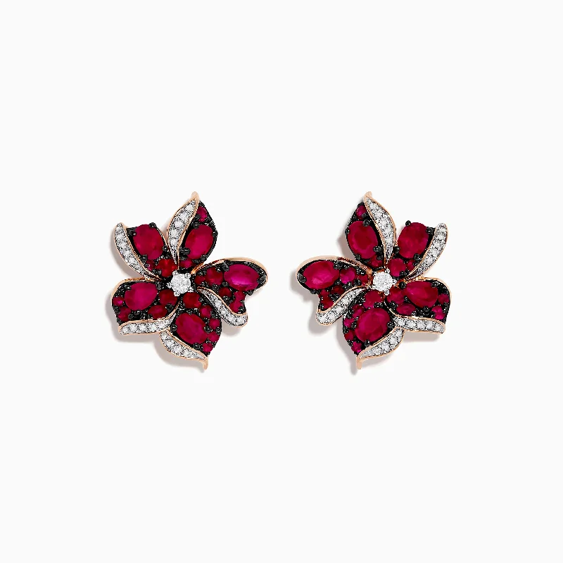 Ladies Earrings for Pioneer Shine-Ruby Royale 14K Rose Gold Ruby and Diamond Flower Earrings