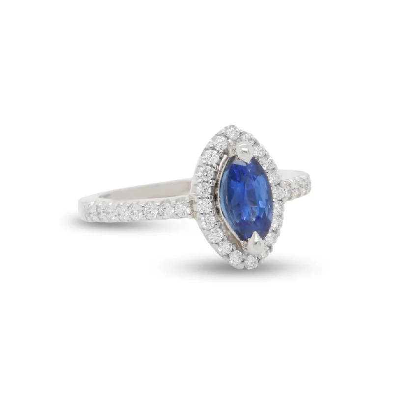 Ladies Rings for Sport Glow-14k White Gold Diamond Ring With Sapphire Marquise Center