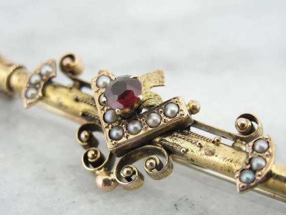 Ladies radiant Swarovski brooches -Gothic Victorian Garnet and Pearl Gold Bar Pin Brooch