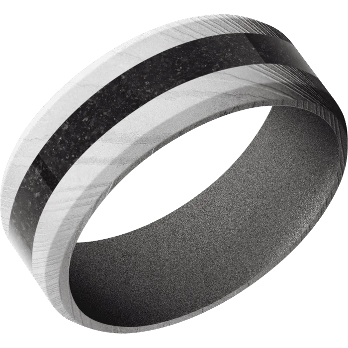 Ladies Rings for Work Glow-8mm wide Beveled Damascus Steel Ring with Bead Blast Damascus Finish / One 3mm Centered Black Dinosaur Bone Inlay / Gun Metal Grey Cerakote Sleeve