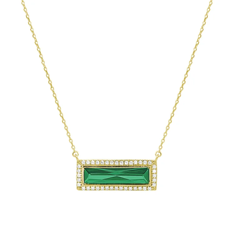 Ladies flowing pendant necklaces -Gold Finish Sterling Silver Necklace with Rectangular Simulated Emerald Stone and Simulated Diamonds on 16" - 18" Chain